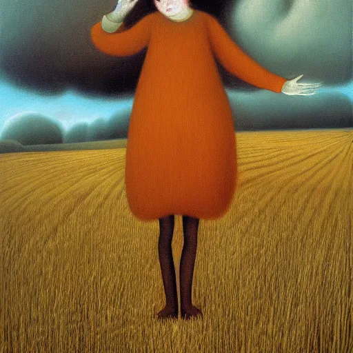 Image similar to by Remedios Varos, a brown haired giantess rising above a field of wheat. Cats are playing. Oil painting, high res, traditional