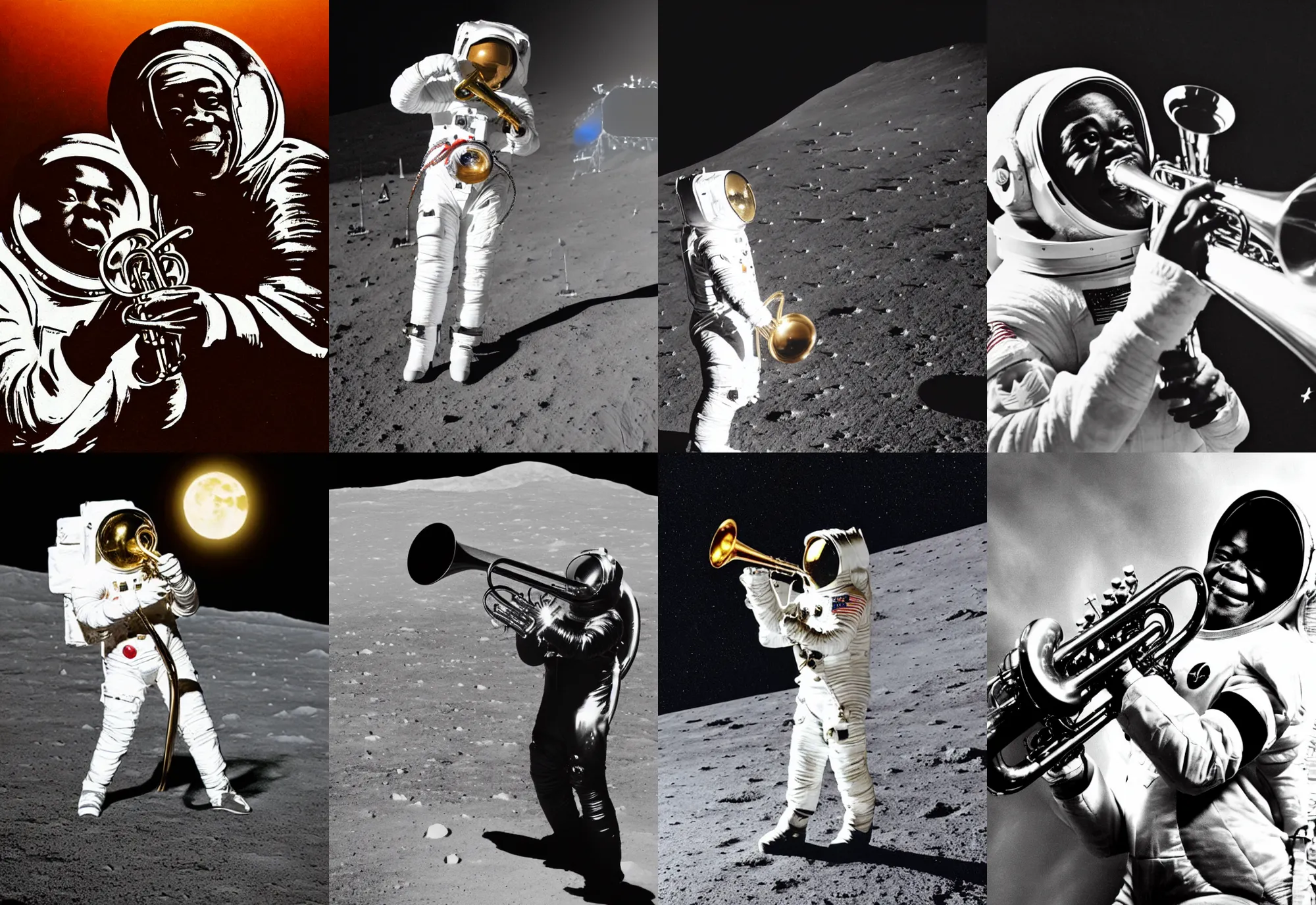 Prompt: a photo of louis armstrong wearing a space suit on the moon, holding a trumpet, dramatic lighting, highly detailed
