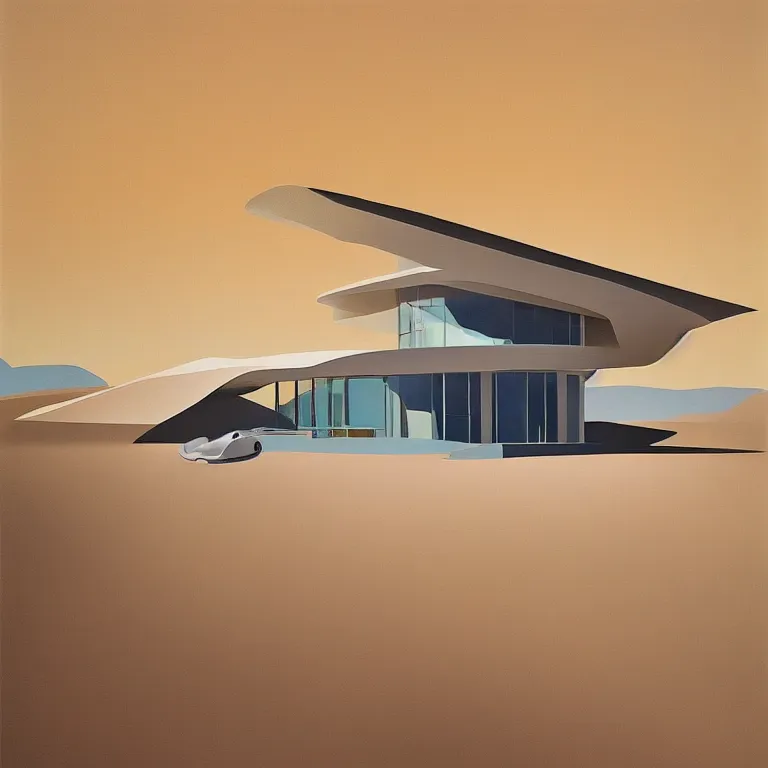 Image similar to Zaha Hadid architecture building in a desert, painted by Edward Hopper, painted by James Gilleard, airbrush