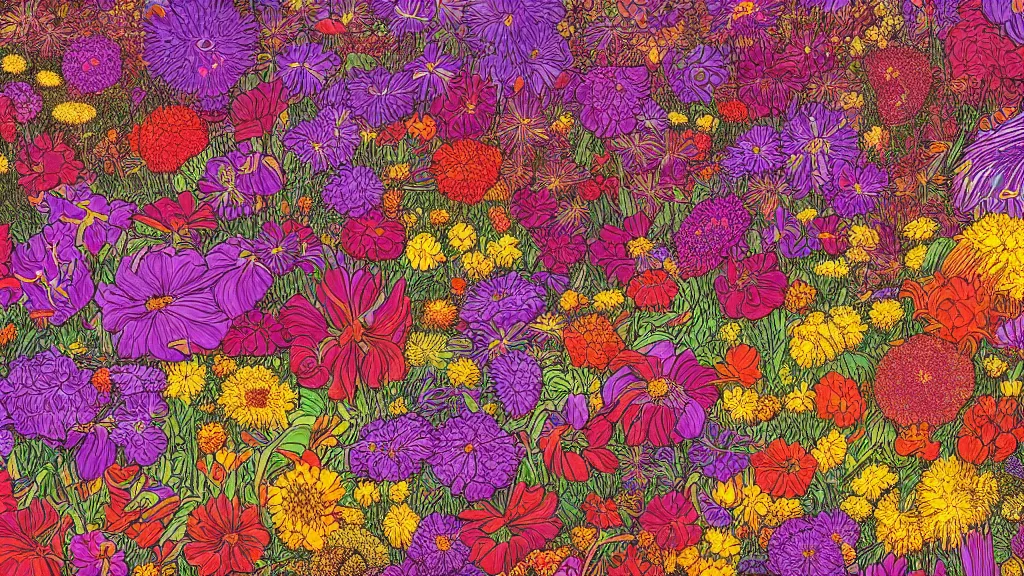 Image similar to highly detailed illustration of an explosion of all known species of flowers by moebius, 4 k resolution, realistic colors