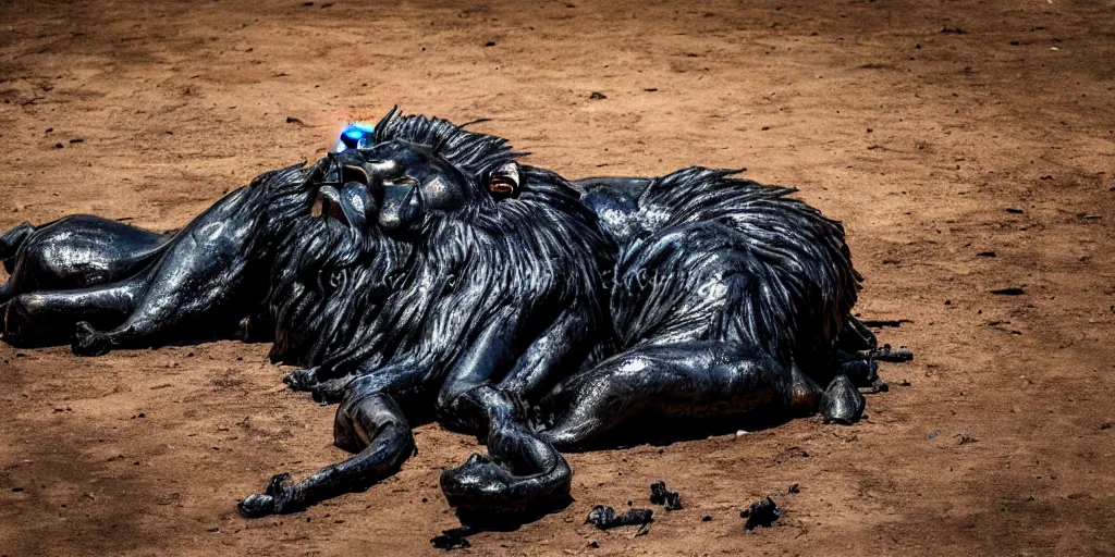 Image similar to a shiny black goo covered lion, lion made of black goo, goo lion, lion made of goo, latex shiny, laying in a tar pit, dslr, photography, ferrofluid, wildlife photography, award winning animal photography, safari