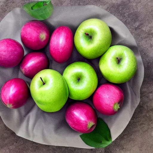 Image similar to one green apple in the middle of a bunch of pink lemons