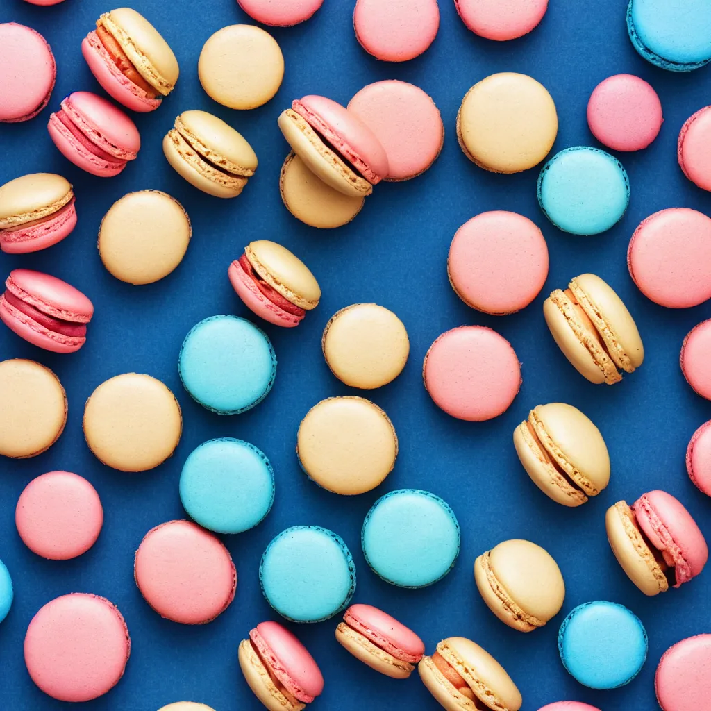 Image similar to top-down view of macarons on top of a blue surface, 8k, high detail, photorealistic, proper shading