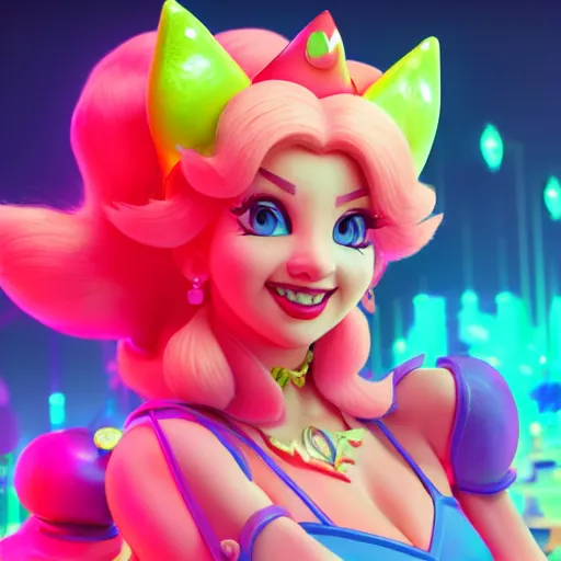 Prompt: Princess peach mixed with jinx from league of legends, dancing, background with neon lighting, raytrayced, octane render, epic composition, intricate details, hyperrealist, by Joe Benitez, WLOP, Alessandro Barbucci, Barbara Canepa
