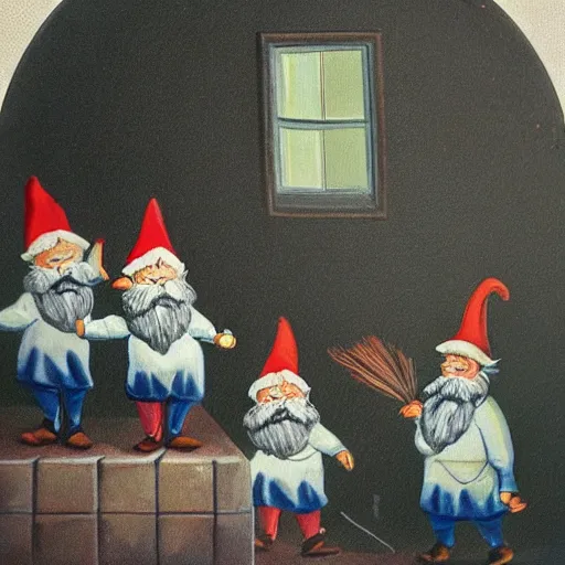 Image similar to vintage painting of gnomes invading a house at night, father defending family with a broom,