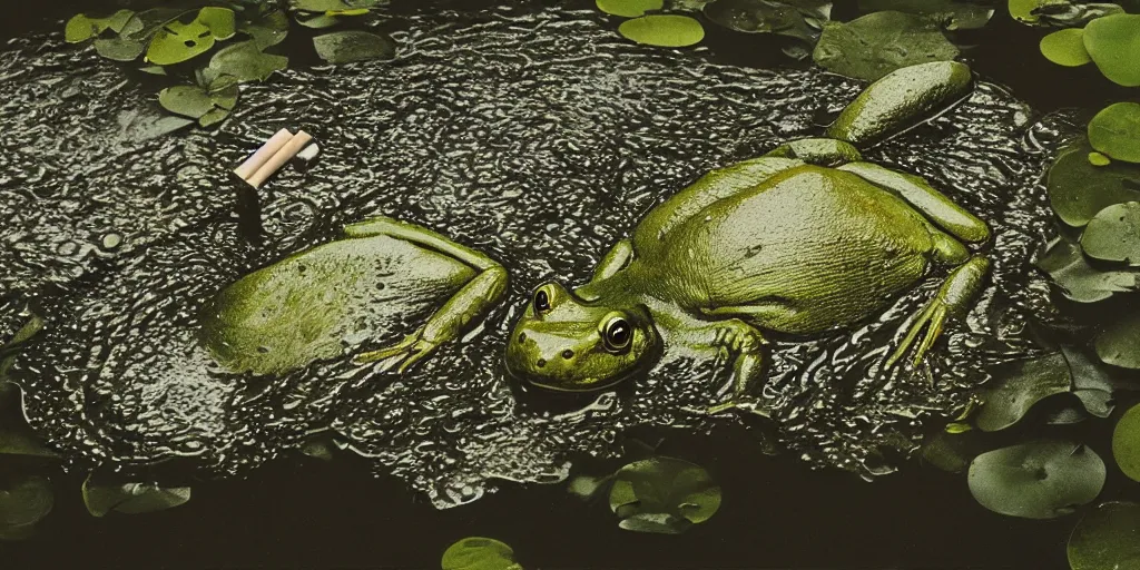 Image similar to detailed medium format photo, polaroid still from tarkovsky movie, of a large bullfrog sitting on a lilly pad in a murky swamp smoking a cigarette, haze, high production value, intricate details, 8 k resolution, hyperrealistic, hdr, photorealistic, high definition, tehnicolor, award - winning photography, masterpiece, amazing colors