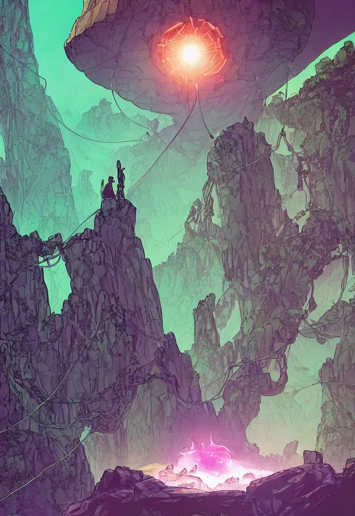 Prompt: A comic book cover of an android with glowing features and back to the camera, looking across a vast chasm and old rope bridge. On the mountain facing him is a crystal temple with a tower glowing in the fog, grand scale, stylized, purple and green