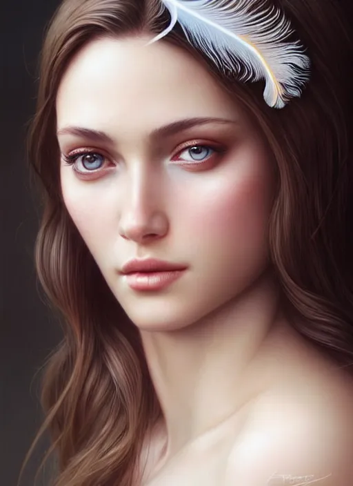 Image similar to a gorgeous female photo, professionally retouched, soft lighting, wearing a feather dress, realistic, smooth face, perfect eyes, wide angle, sharp focus on eyes, 8 k high definition, insanely detailed, intricate, elegant, art by artgerm and greg rutkowski and diego fazio