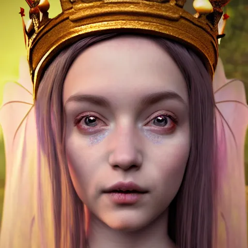 Prompt: hyperrealist cg of a fairy girl emperorit is decorated with long robes that fall like stars and wears a huge crown. fantasy art, photo realistic, dynamic lighting, artstation, poster, volumetric lighting, very detailed faces, 4 k, award winning, blender,