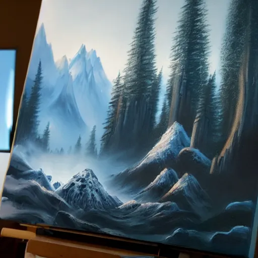 Image similar to a closeup photorealistic photograph of bob ross working on a canvas painting of darth vader. film still. brightly lit scene. mountains and trees. this 4 k hd image is trending on artstation, featured on behance, well - rendered, extra crisp, features intricate detail, epic composition and the style of unreal engine.