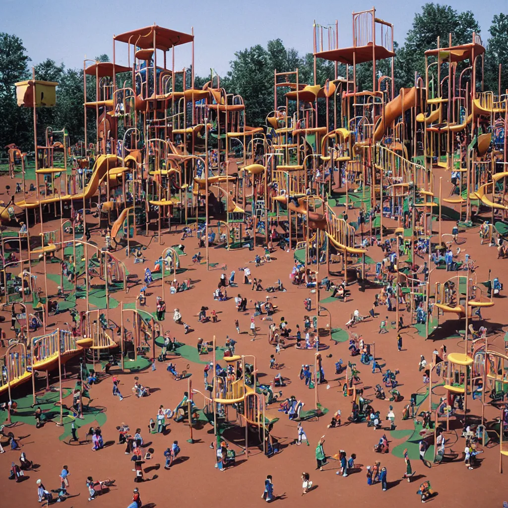 Image similar to full - color closeup 1 9 7 0 s photo of a vast incredibly - large complex very - dense tall many - level playground in a crowded schoolyard. the playground is made of dark - brown wooden planks, and black rubber tires. it has many spiral staircases, high bridges, ramps, and tall towers.