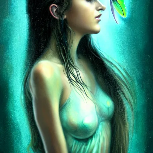 Image similar to girl in rain with wet hair and face, teal luna moth wing, fantasy, intricate, elegant, dramatic lighting, emotionally evoking symbolic metaphor, highly detailed, lifelike, photorealistic, digital painting, artstation, concept art, smooth, sharp focus, illustration, art by John Collier and Albert Aublet and Krenz Cushart and Artem Demura and Alphonse Mucha