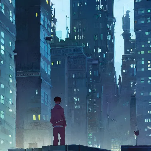 Prompt: damian wayne, city landscape, Gotham, artstation, highly detailed, by makoto shinkai and thomas kindle and James gilleard