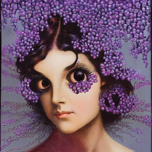 Image similar to a girl with three eyes : : on 5 translucent luminous spheres, full of floral and berry fillings, in an ocean of lavender color by frank frazetta