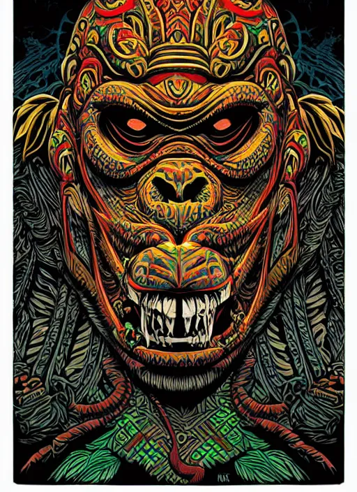 Image similar to barong family member, wiwek, mara demon, lizard tongue, one single tribe member, jungle, one single mask, dark, ancient warrior, gorilla, tribals, art by dan mumford