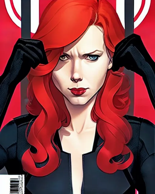 Image similar to phil noto comicbook cover art, black widow marvel, symmetrical eyes, long red hair, full body, city rooftop