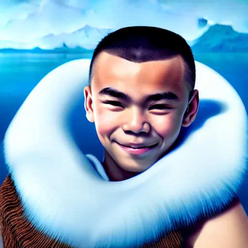 Image similar to beautiful serene intricate photograph of sokka from the water tribe as an inuit young man with light blue eyes, smiling softly, relaxing on the beach, golden hour, soft focus, 8 k, art by irakli nadar, hyperrealism, hyperdetailed, ultra realistic