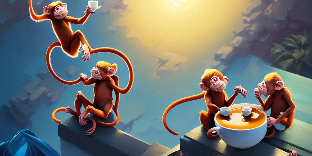 Image similar to hyper detailed ultra sharp of cartoon monkeys drinking coffee. behance hd by jesper ejsing, by rhads, makoto shinkai and lois van baarle, ilya kuvshinov, rossdraws radiating a glowing aura global illumination ray tracing hdr, 8 k