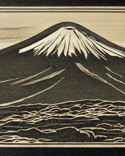 Image similar to an award winning Wood engraving on paper of Mount Fuji, HDR