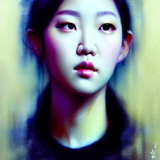 Prompt: roseanne park of blackpink, hyperrealistic portrait, bladerunner street, by karol bak and agnes cecile, fantasy art, photo realistic, dynamic lighting, artstation, poster, volumetric lighting, very detailed face, intricate complexity, rule of thirds, 8 k, award winning