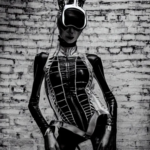 Image similar to fashion photography of an alien model, wearing a rave outfit from the nineties, inside berghain, black and white, photo 3 5 mm leica, hyperdetail, berghain, 8 k, very detailed