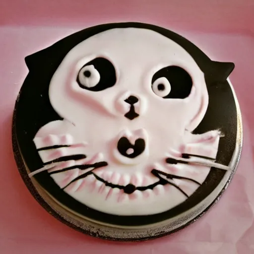 Prompt: a cat bakes a cake creepy 8 mm