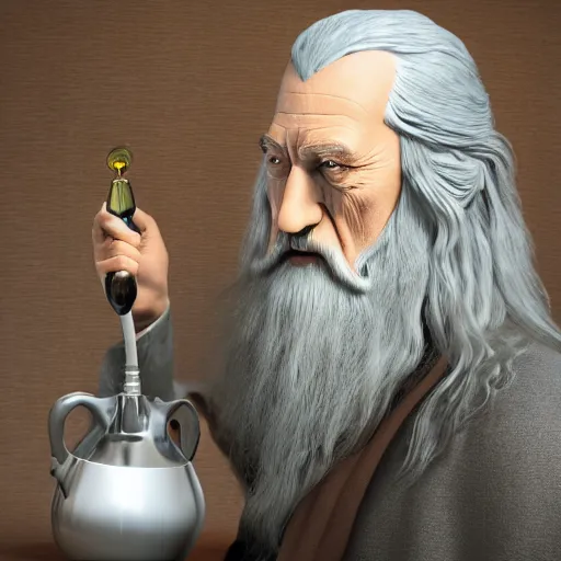 Image similar to photorealism render of Gandalf the Grey getting high from a bong