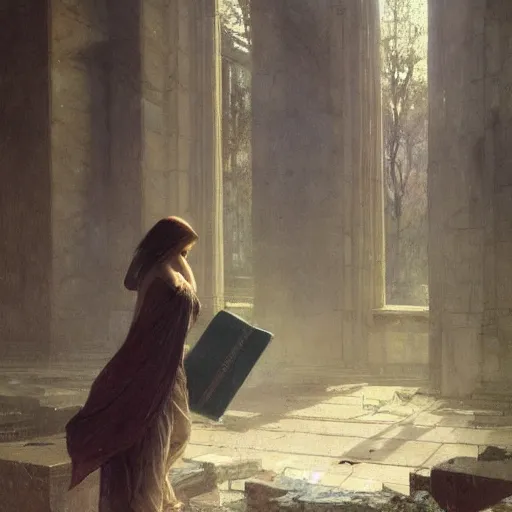 Image similar to half portait of magican wearing a closed cowl with big old book!, jeremy mann, jean leon gerome, alphonse mucha, greg rutkowski, ( ( ruins of ancient rome ) ), at dusk, mysterious atmosphere, sunrays, dof, masterpiece, high detailed, 8 k
