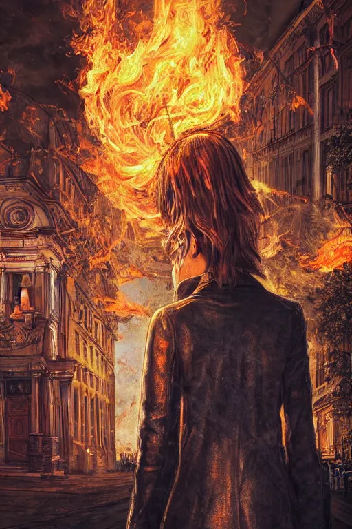 Image similar to !dream in the foreground a street of Saint Petersburg, in the background a blonde woman from behind with flames coming out of her hands wearing a long jacket like a matrix, realistic, high definition, many details, dramatic scene, detailed and realistic hands, face symmetrical, realistic eyes, art of D&D