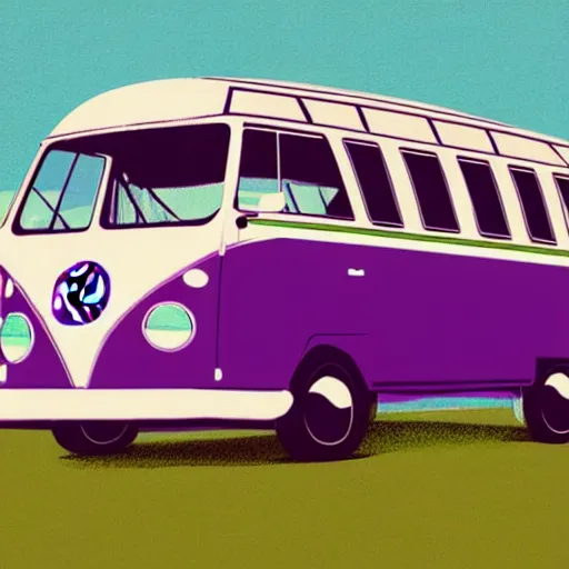 Prompt: illustration of an old van volkswagen, may 6 8, pastel colors, cool, hippie by studio muti