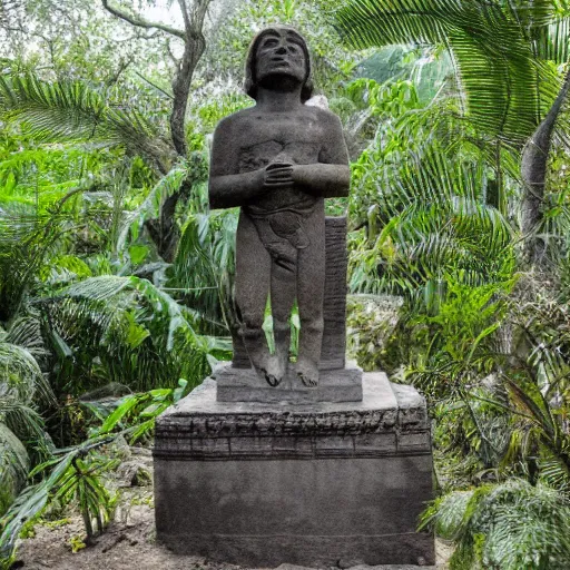 Prompt: ancient aztec statue of leonardo di caprio in the middle of a jungle