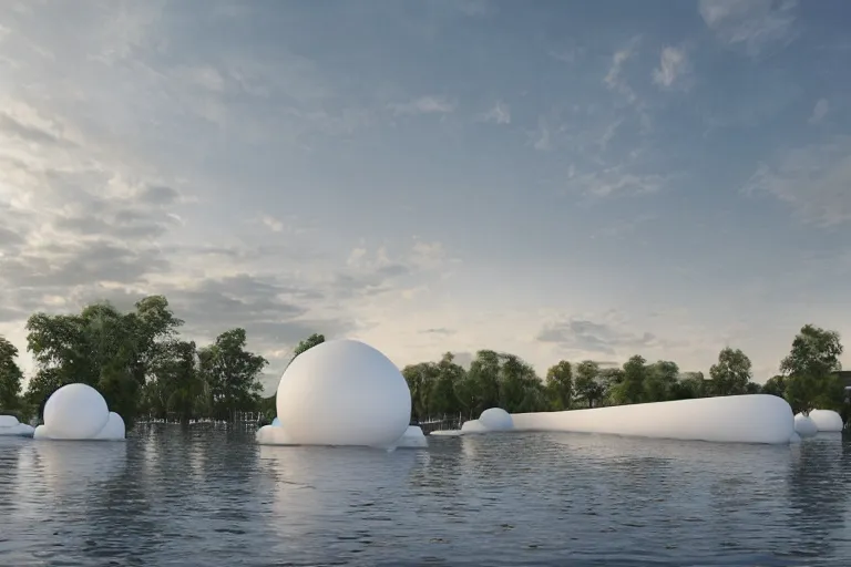 Prompt: a building composed of many white spherical egg shaped circular spaces stacked up and down. on the calm lake, people's perspective modern curved architecture, future, wood, marble, metal award winning, highly detailed 4 k art, dusk, unreal engine highly rendered, global illumination, radial light, internal environment by kazuyo sejima