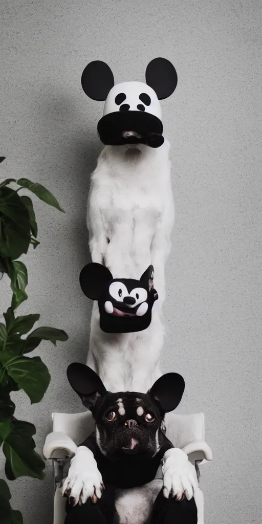 Image similar to a dog that looks like mickey mouse, white face, black body, black nose, black ears, sitting down on a sofa, house plants in the background, indoors, dim light, photograph, 4 k, shot on iphone