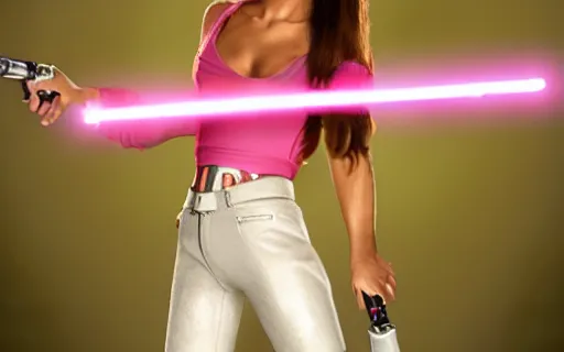 Image similar to A hyper realistic photo of Ariana Grande in the Star Wars universe with two pink lightsabers. Maximum detail on artstation, photo realism