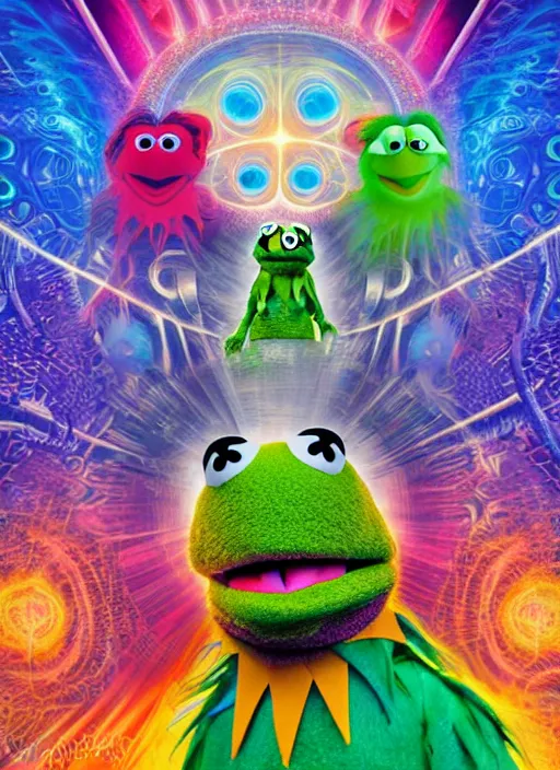 Prompt: muppet transcendence into collaborative intelligence, group intelligence, ai, by alex grey, album cover, award winning, beautiful, colorful, volumetric lighting, trending on artstation