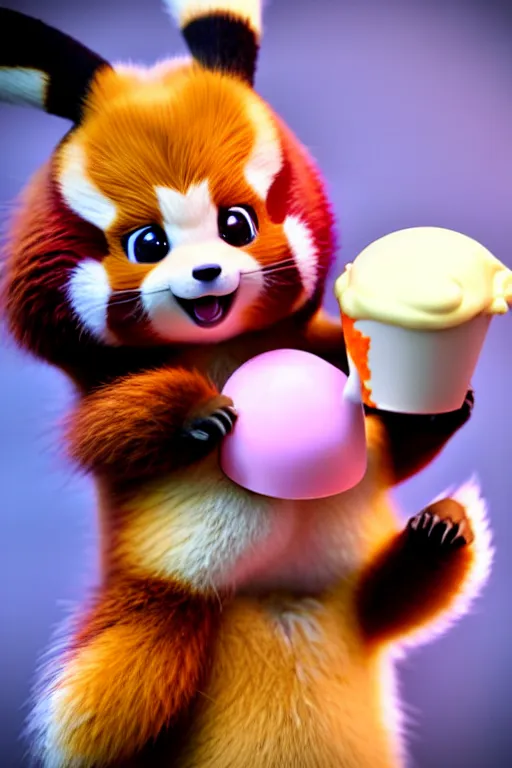 Image similar to high quality 3 d render hyperrealist very cute lowbrow happy red panda & hedgehog hybrid eating ice cream, vray smooth, detective pikachu, very dramatic light, low angle, uhd 8 k, shallow depth or field