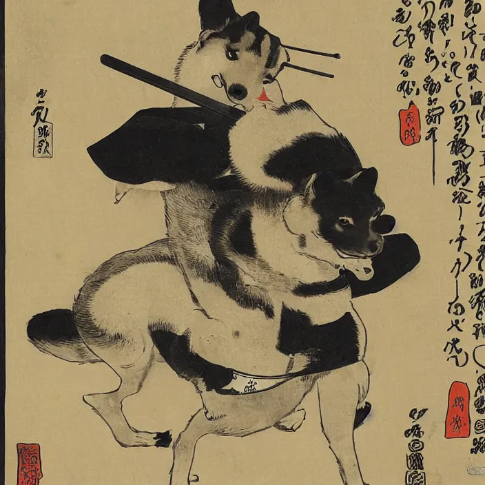 Image similar to a shiba inu samurai eating a bowl of rice, artwork on loan from the historical dog society of japan, by Utagawa Kuniyoshi