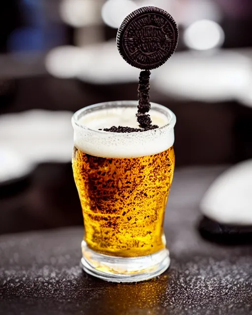 Image similar to dlsr food photograph of an oreo being dipped in beer, bokeh, studio lighting, 5 0 mm f 1. 4