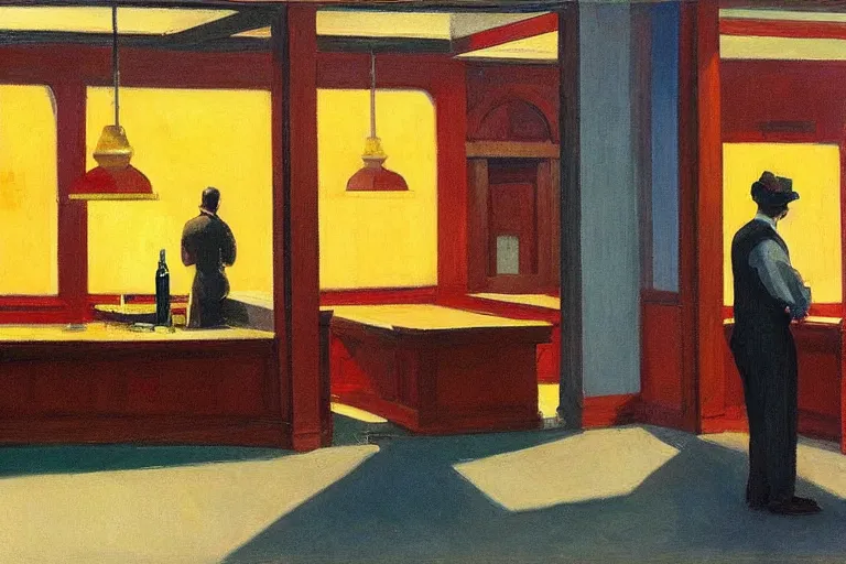 Image similar to mid - thirties guys binge drinking in an empty bar, in the style of edward hopper