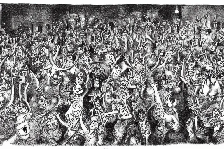 Prompt: a packed dance floor at a nightclub, illustration by maurice sendak, award winning illustration, highly detailed, colour