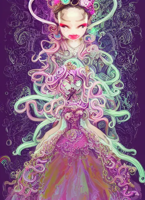 Image similar to A full body shot of a cute and mischievous young monster princess wearing an ornate gown. Covered in barnacles and tentacles. Dynamic Pose. Quinceanera dress. Rainbow palette. rainbowcore. Eldritch Beauty. defined facial features, symmetrical facial features. Opalescent surface. beautiful lighting. By Ruan Jia and Artgerm and Range Murata and WLOP and Ross Tran and William-Adolphe Bouguereau. Key Art. realistic, Hyperdetailed. Fantasy Illustration. Masterpiece. artstation, award winning, sharp, details, HD, HDR, 4K, 8K.