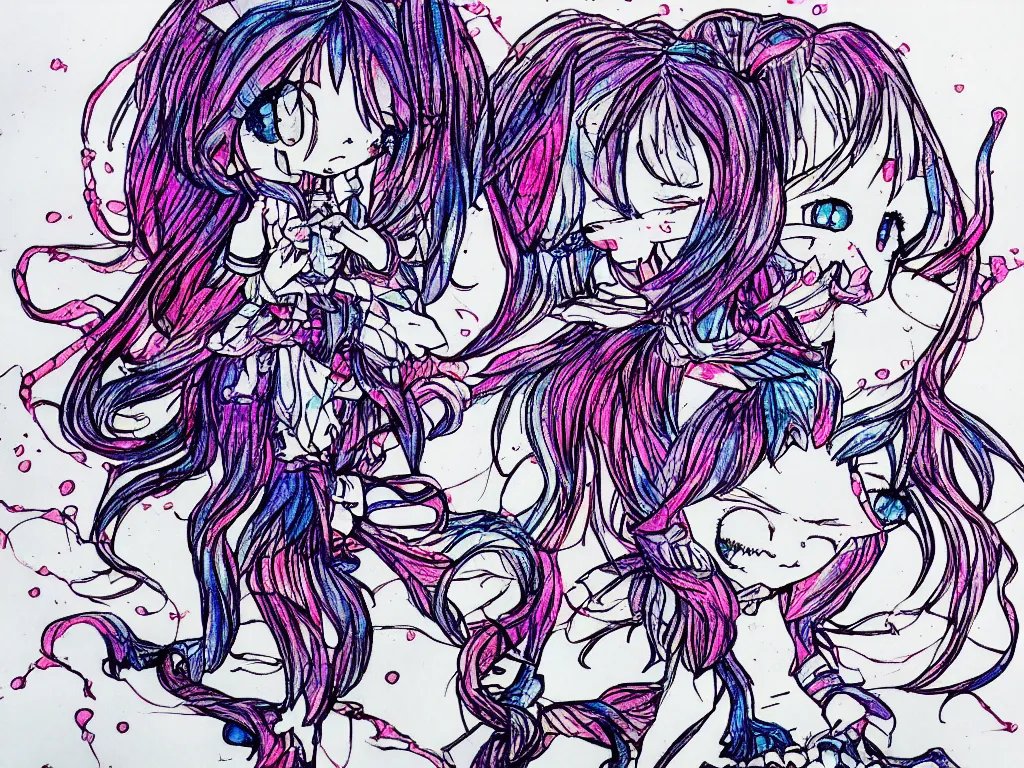 Image similar to glitched color pen plotter outline drawing of a cute fumo plush girl, rendering error, anime, cursed enigmatic gothic maiden, splashed leaking wet watercolor all over