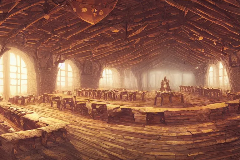 Prompt: Massive viking king\'s hall with feast table at the center, by Sylvain Sarrailh