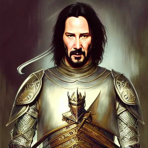 Image similar to Keanu Reeves dressed as a knight, D&D, fantasy, intricate, elegant, highly detailed, digital painting, artstation, concept art, matte, sharp focus, illustration, art by Artgerm and Greg Rutkowski and Alphonse Mucha