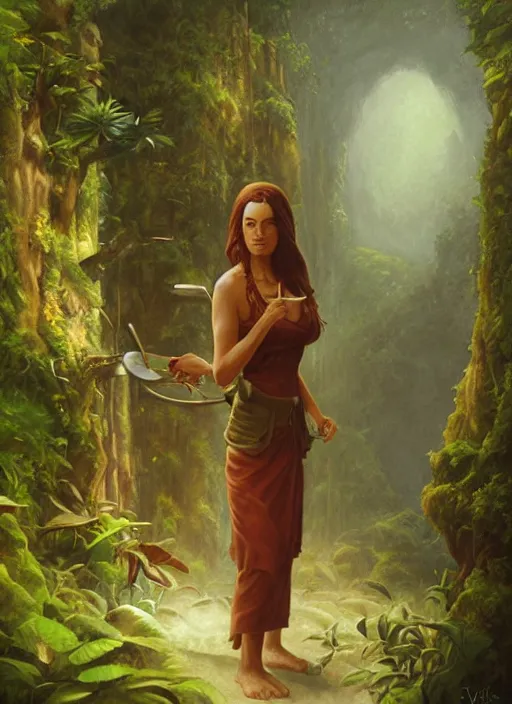 Image similar to a female herbalist in the jungle, art by christophe vacher