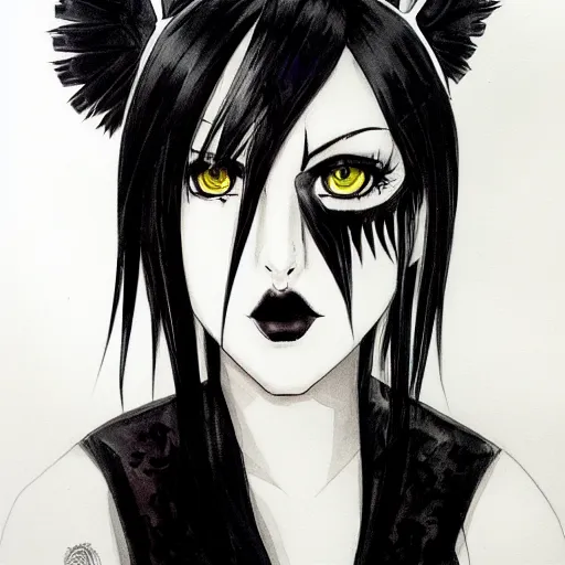 Image similar to headshot art of a goth anime woman, attractive, symmetrical face, trending on artstation, black and white watercolor