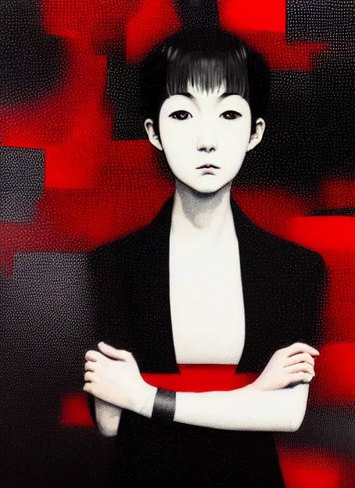 Image similar to red, white and black color palette, yoshitaka amano blurred and dreamy realistic three quarter angle portrait of a young woman with short hair and black eyes wearing office suit with tie, junji ito abstract patterns in the background, satoshi kon anime, noisy film grain effect, highly detailed, renaissance oil painting, weird portrait angle, blurred lost edges