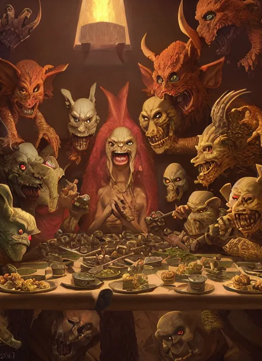 Image similar to highly detailed closeup group portrait of medieval goblins having a banquet, stephen bliss, unreal engine, greg rutkowski, ilya kuvshinov, ross draws, hyung tae and frank frazetta, tom bagshaw, tom whalen, nicoletta ceccoli, mark ryden, earl norem, global illumination, god rays, detailed and intricate environment