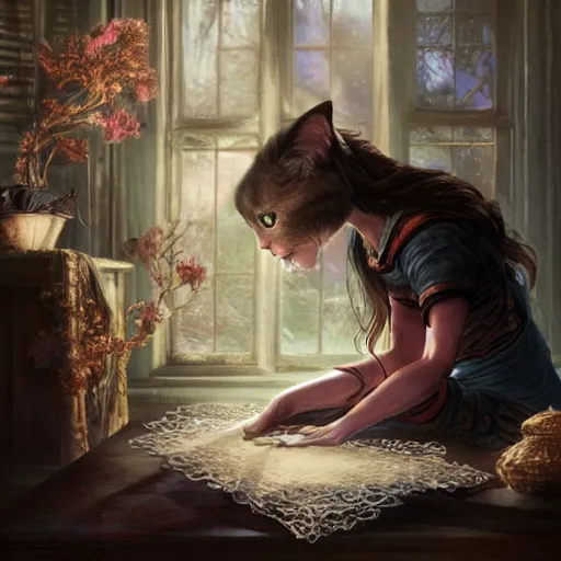 Image similar to a woman with dark wavy hair sitting doing embroidery, a cat sits at her feet, D&D, fantasy, cinematic lighting, highly detailed, digital painting, artstation, concept art, smooth, sharp focus, illustration, warm light, cozy warm tint, magic the gathering artwork, volumetric lighting, 8k, art by Akihiko Yoshida, Greg Rutkowski