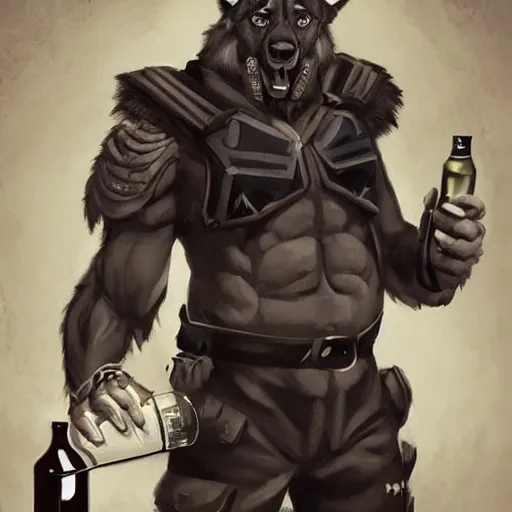 Image similar to a humanoid german shepherd beast - man in military style, holding a bottle of beer, artstation, concept art, smooth, sharp foccus ilustration, artstation